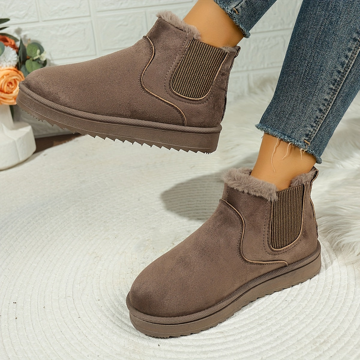Women's Fur Trim Slip-On Chelsea Ankle Boots