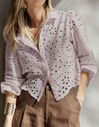 Women's Eyelet Embroidered Balloon Sleeve Button-Up Blouse