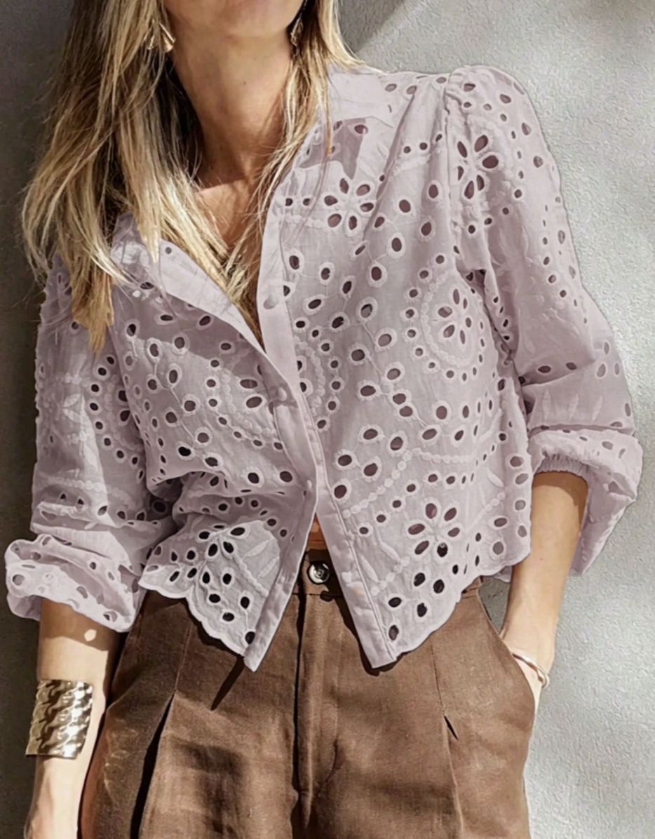 Women's Eyelet Embroidered Balloon Sleeve Button-Up Blouse