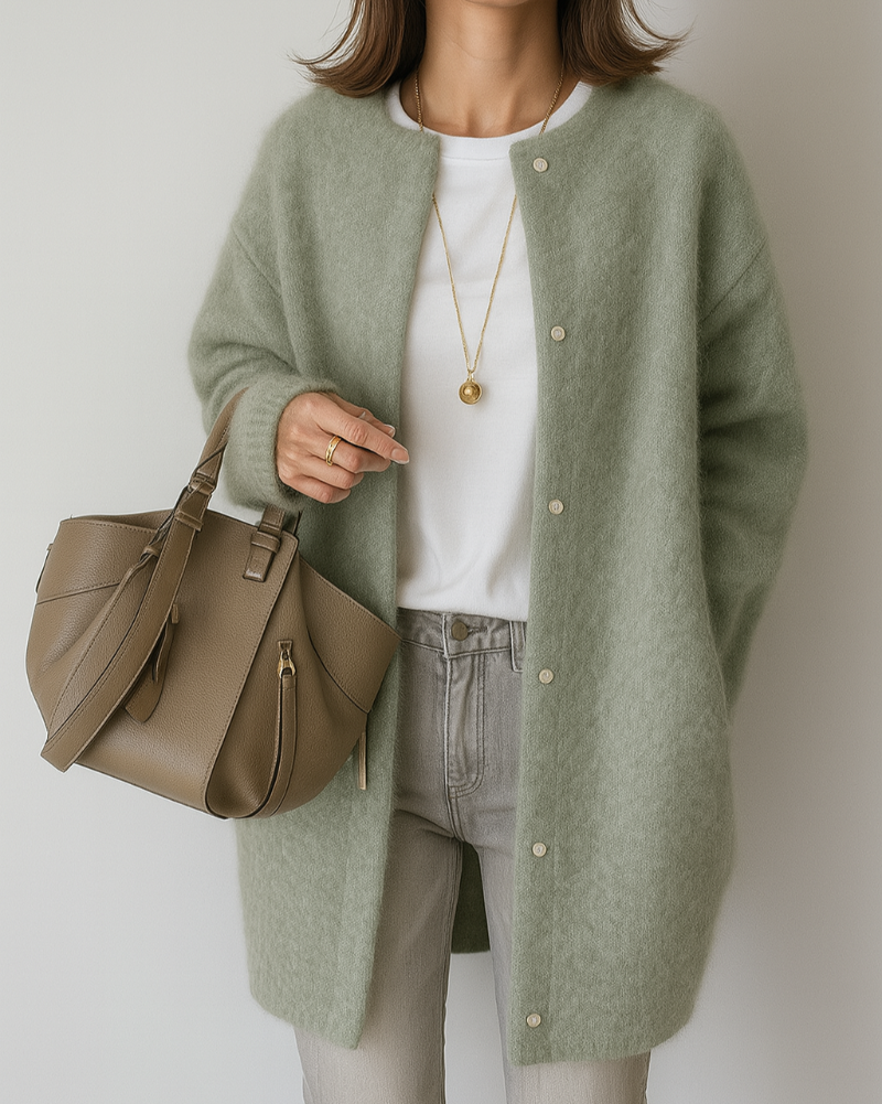 Women’s Longline Fluffy Knit Crew Neck Button Cardigan