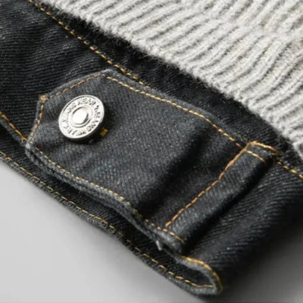 Men's Ribbed Knit Cardigan Jacket with Denim Trim