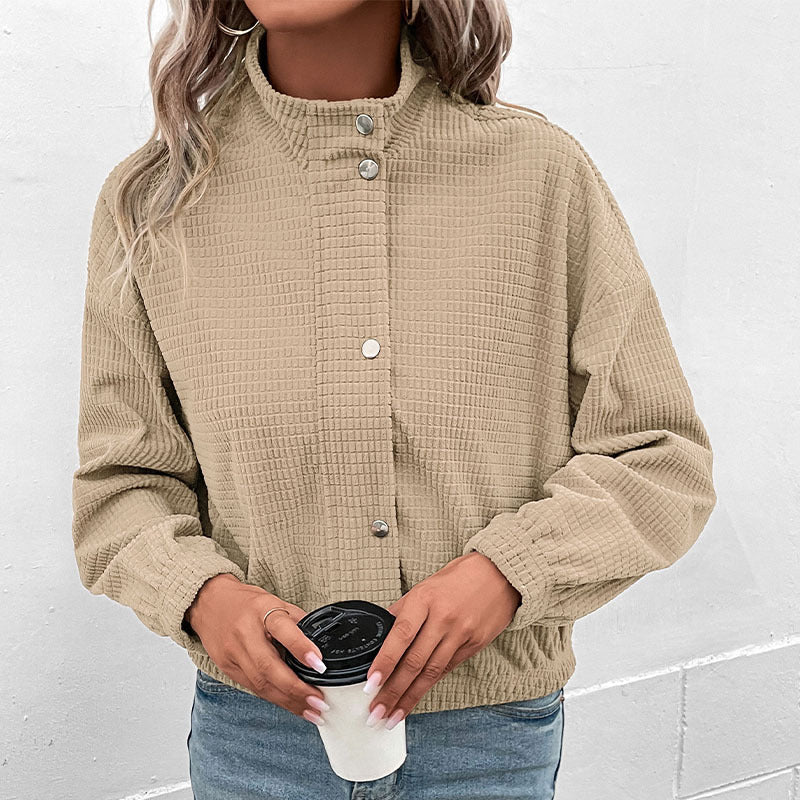 Women's Waffle Knit Snap-Button Stand Collar Jacket