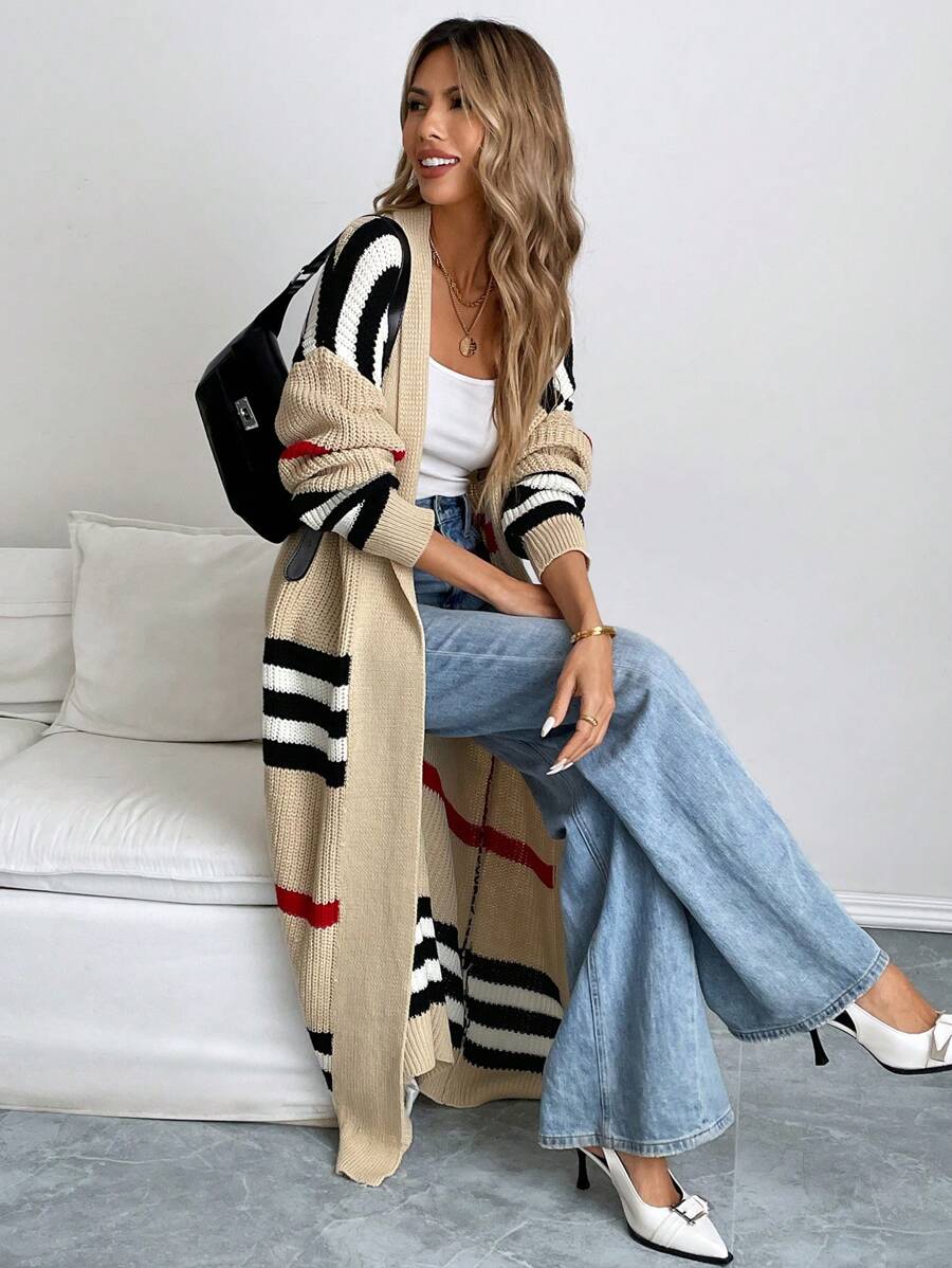 Women's Striped Longline Open-Front Maxi Cardigan