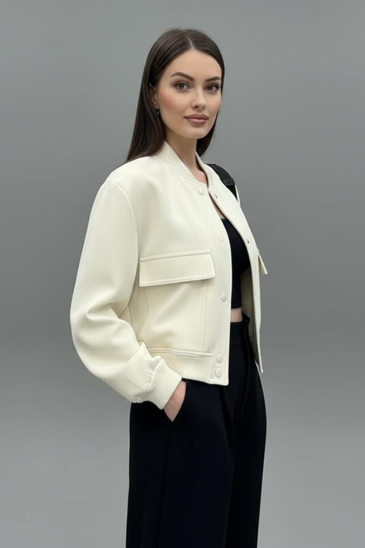 Women's Cropped Snap-Button Bomber Jacket with Flap Pockets