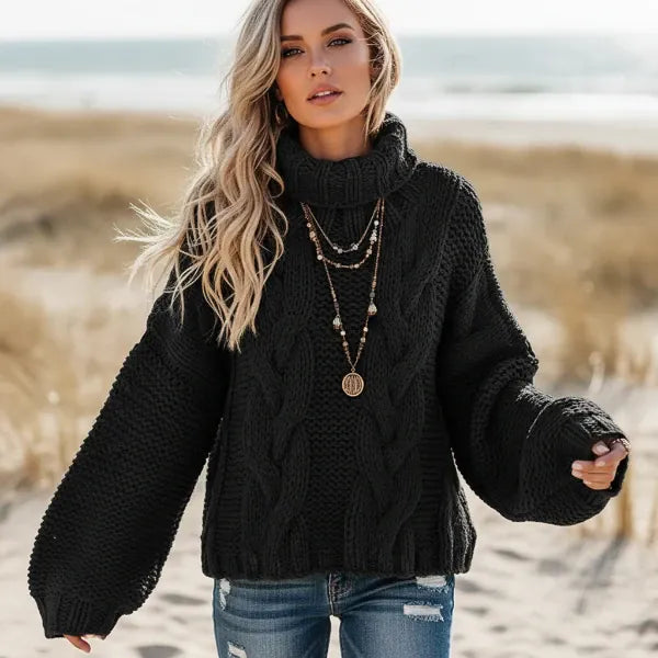 Women’s Chunky Cable Knit Cropped Turtleneck Sweater