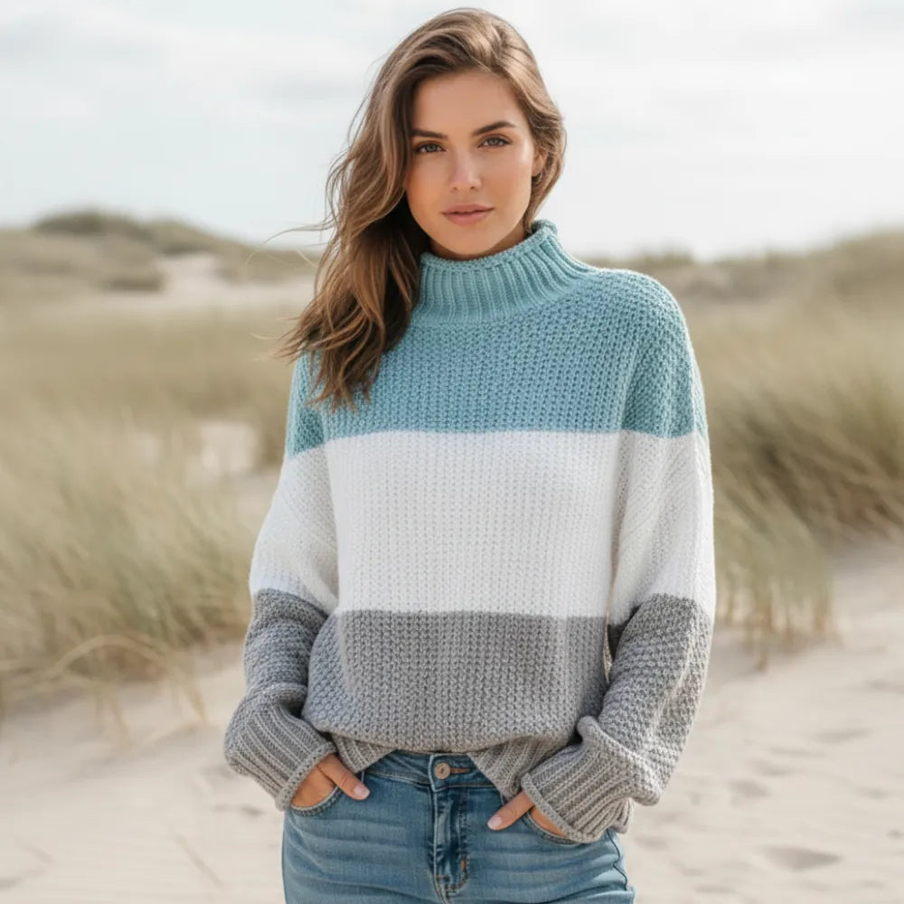 Women’s Colour Block Textured Knit Mock Neck Sweater