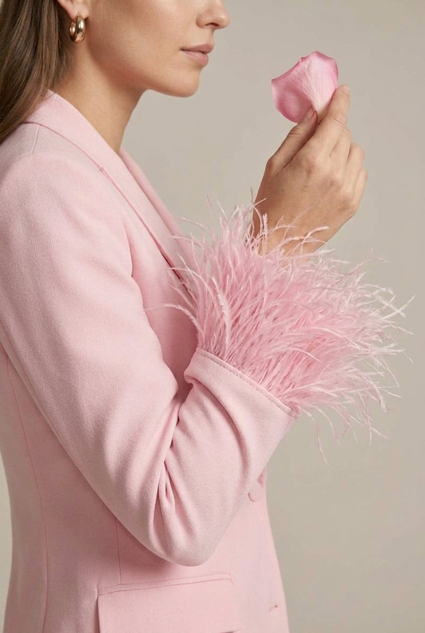 Women's Feather Cuff Blazer and Trouser Suit Set