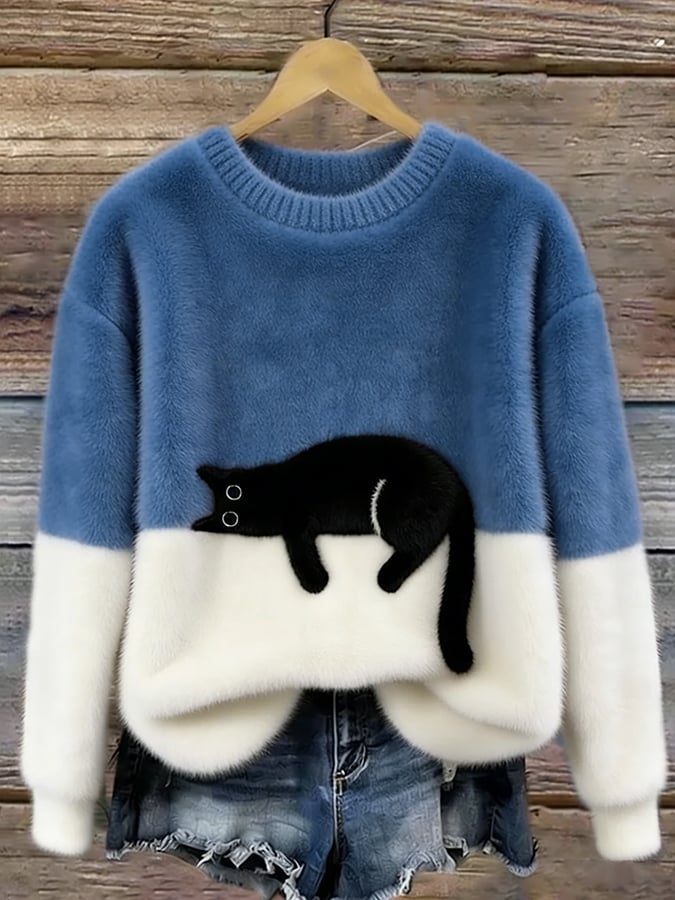Women’s Colour Block Fluffy Knit Sweater with Lounging Cat Design