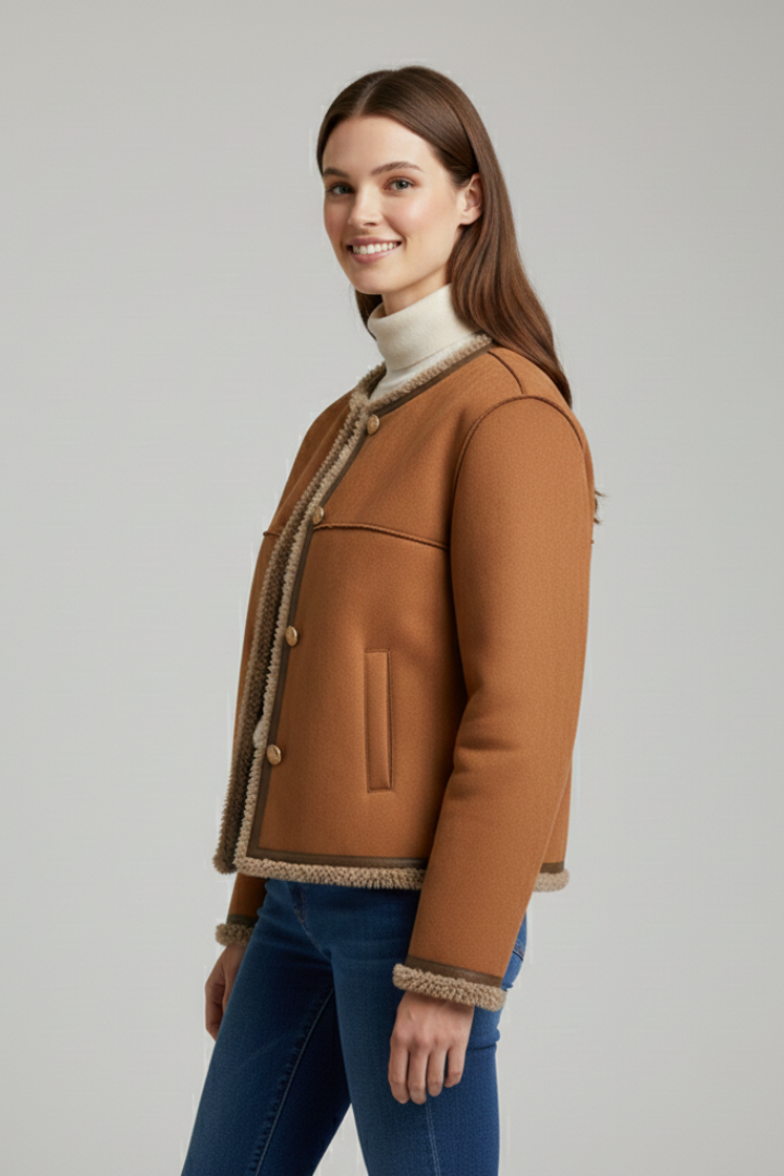 Women's Shearling Trim Collarless Button Jacket
