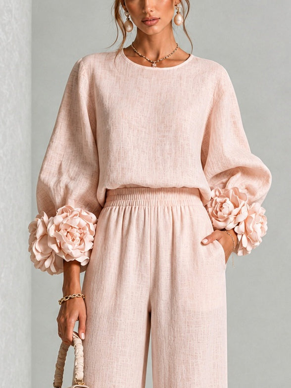 Women’s Flower Cuff Blouse and Wide-Leg Trouser Set