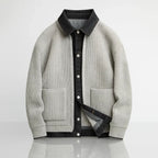 Men's Ribbed Knit Cardigan Jacket with Denim Trim