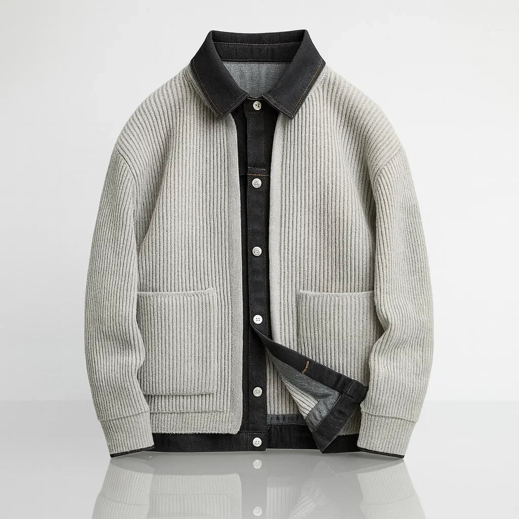 Men's Ribbed Knit Cardigan Jacket with Denim Trim