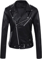 Women’s Belted Faux Leather Biker Jacket with Asymmetric Zip