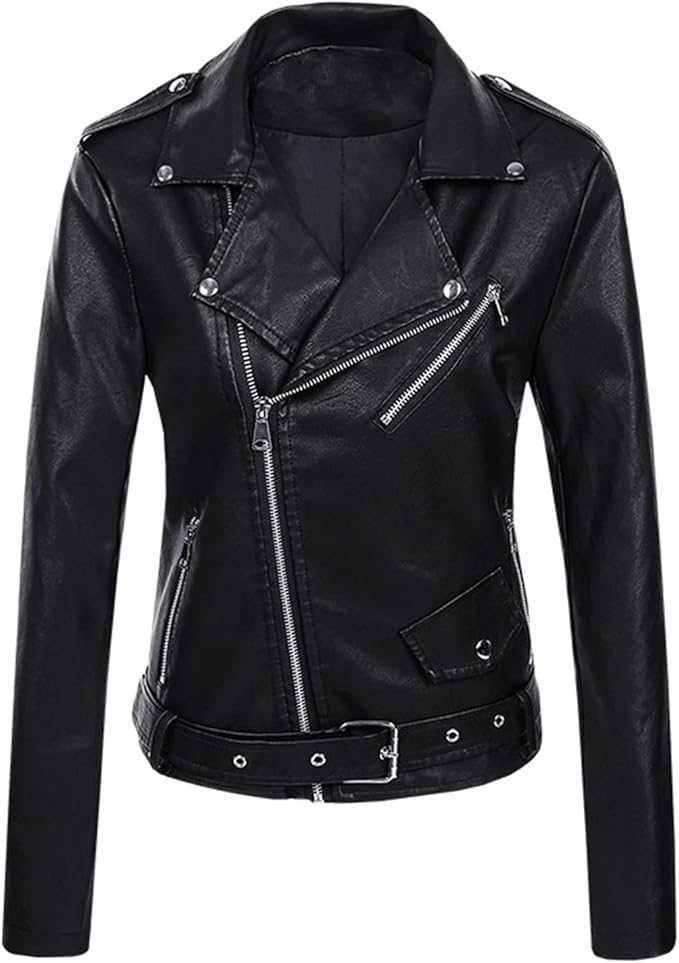 Women’s Belted Faux Leather Biker Jacket with Asymmetric Zip