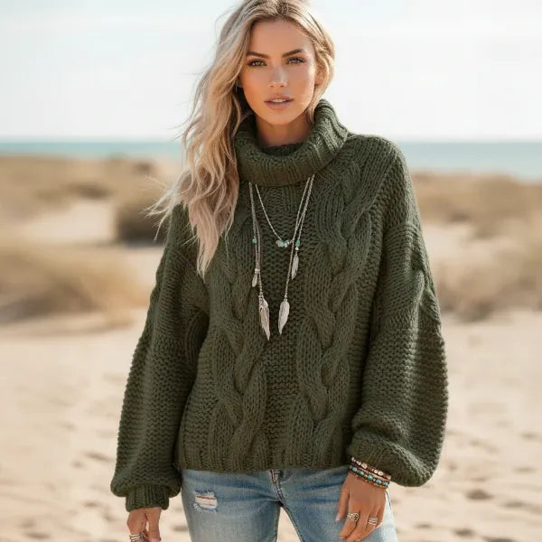 Women’s Chunky Cable Knit Cropped Turtleneck Sweater
