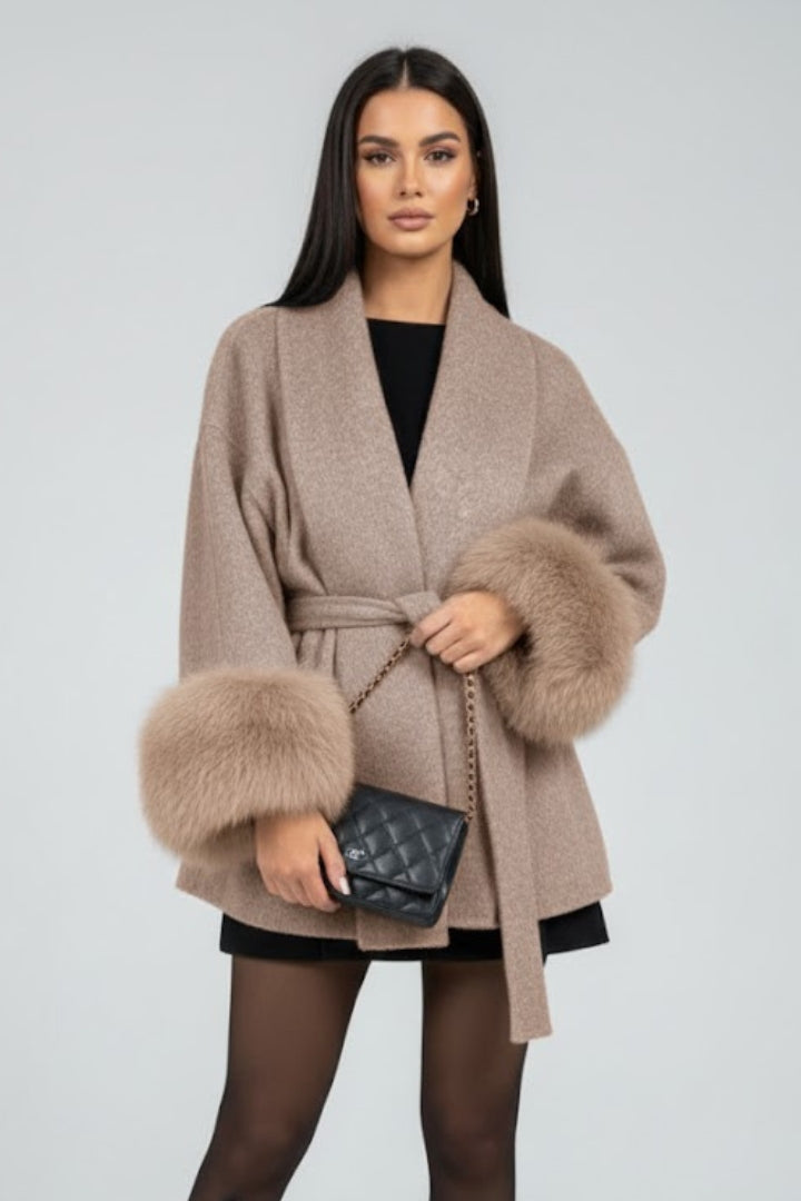 Women's Fur Cuff Belted Wrap Coat