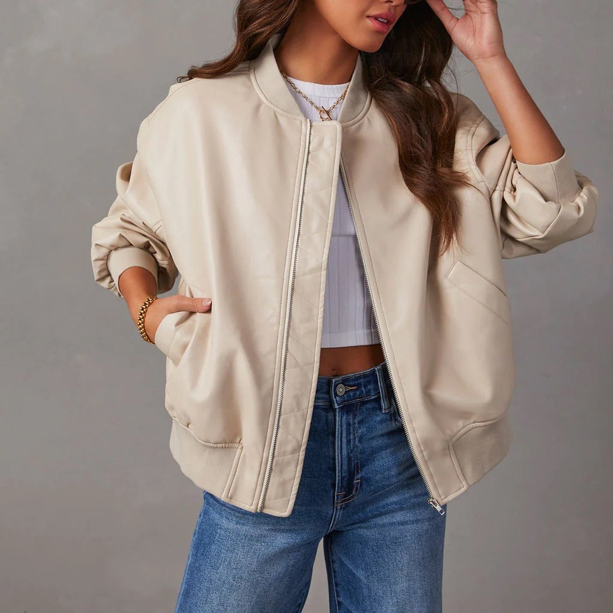 Women's Oversized Zip-Up Faux Leather Bomber Jacket