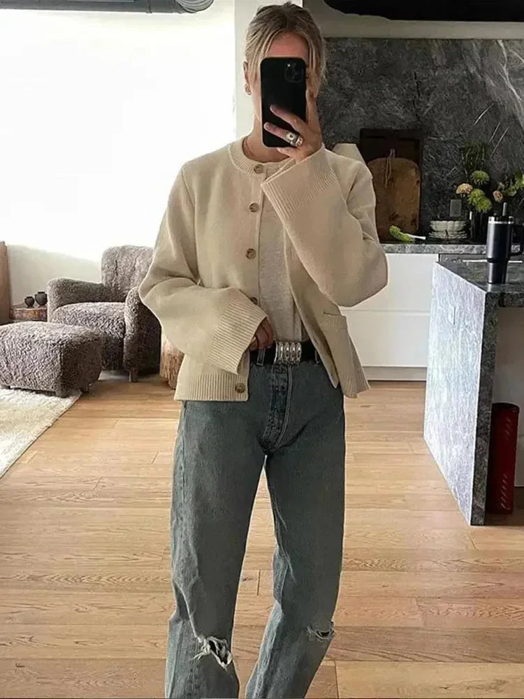 Women's Round Neck Button-Front Knit Jacket