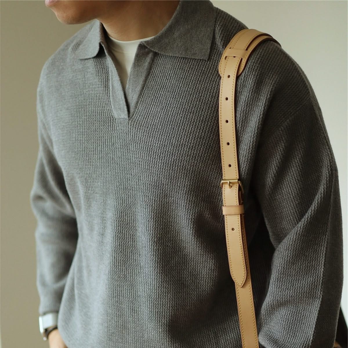 Men's Textured Knit Open Collar Long Sleeve Polo