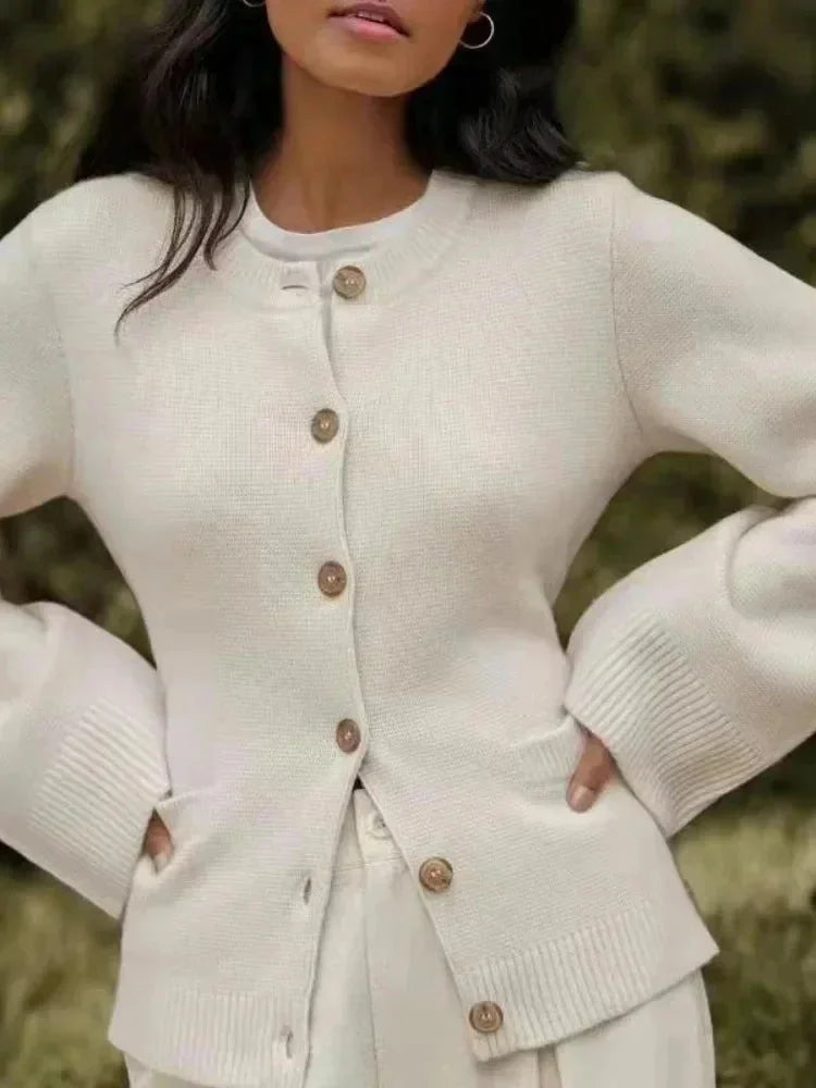 Women's Round Neck Button-Front Knit Jacket