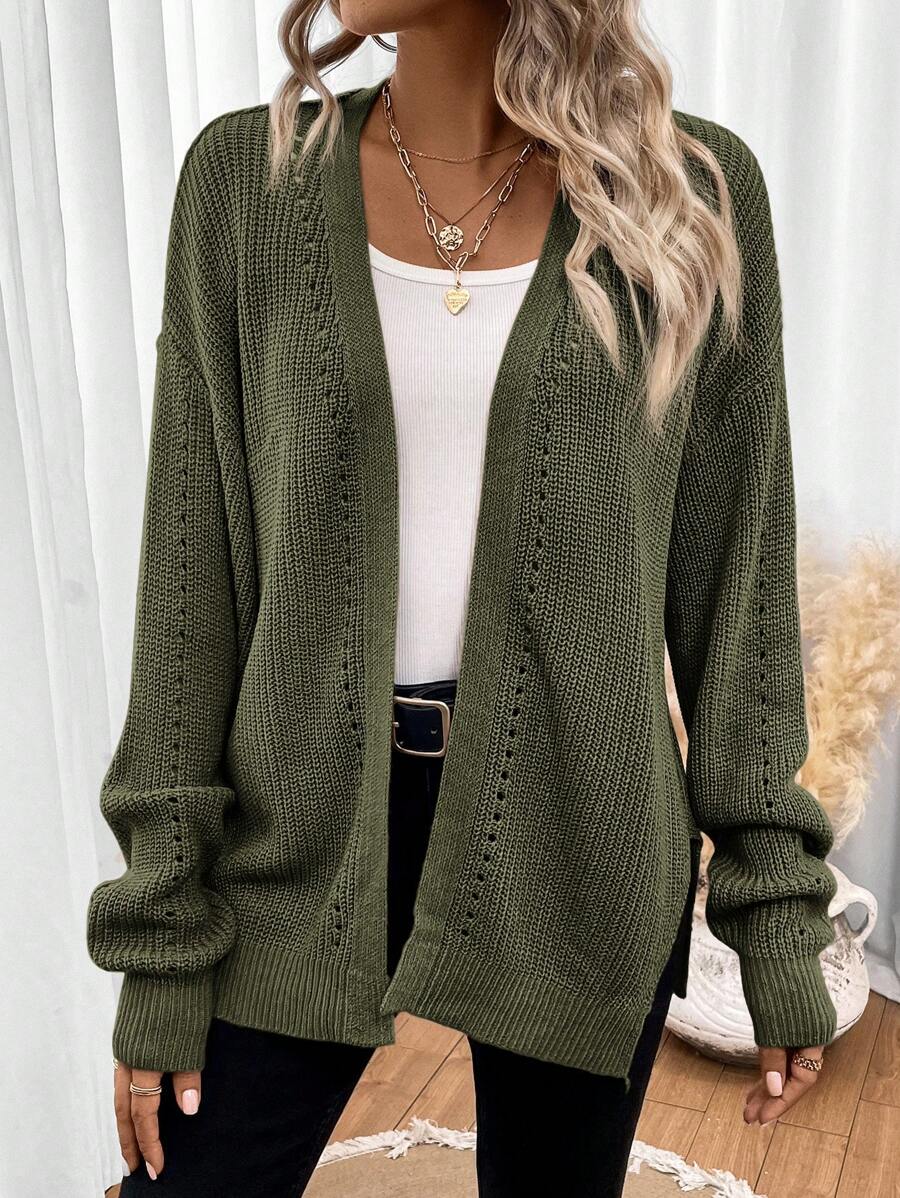 Women's Chunky Knit Eyelet Detail Open Cardigan