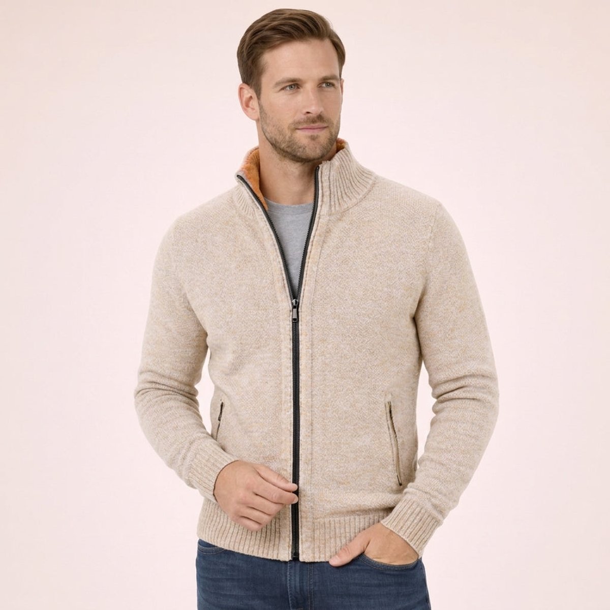 Men's Full-Zip Stand Collar Knit Cardigan Sweater