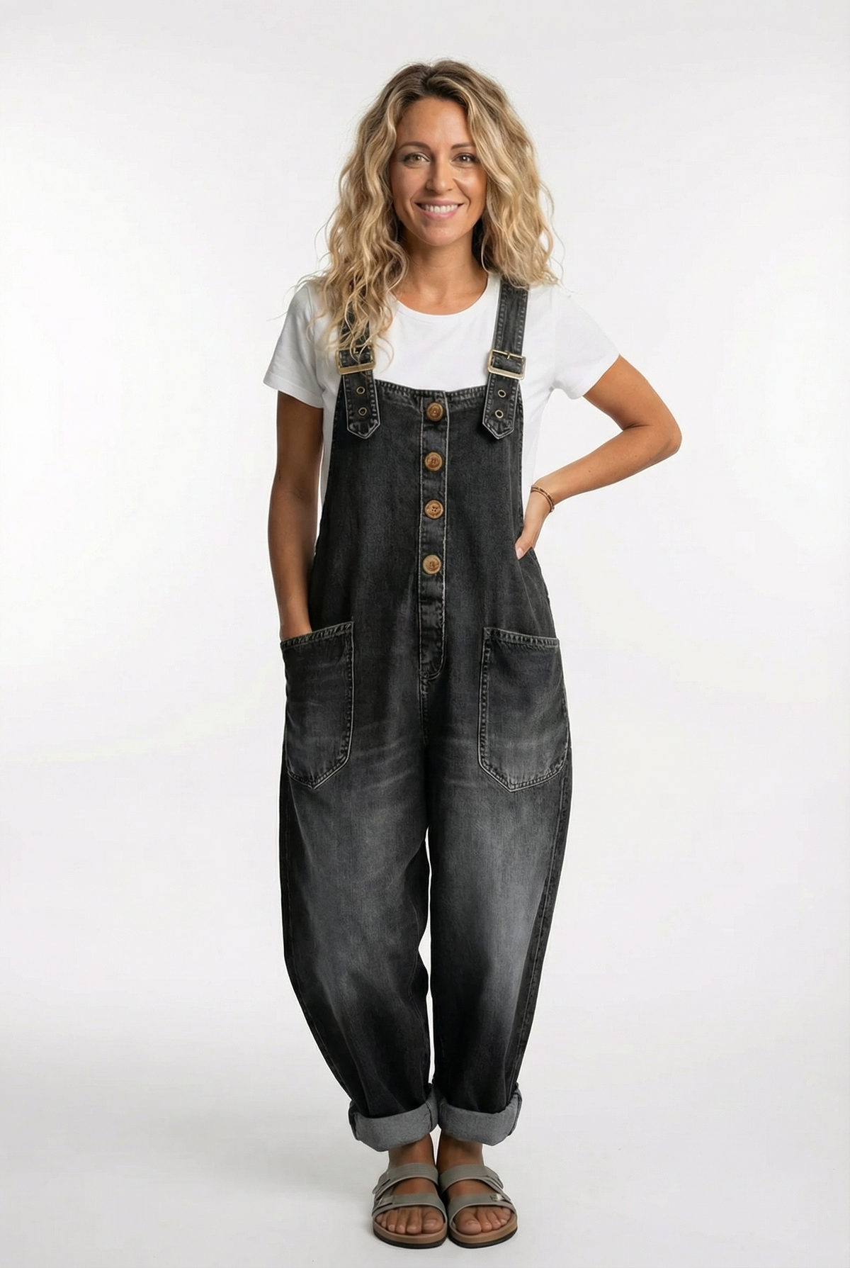 Women's Denim Button-Front Baggy Overalls