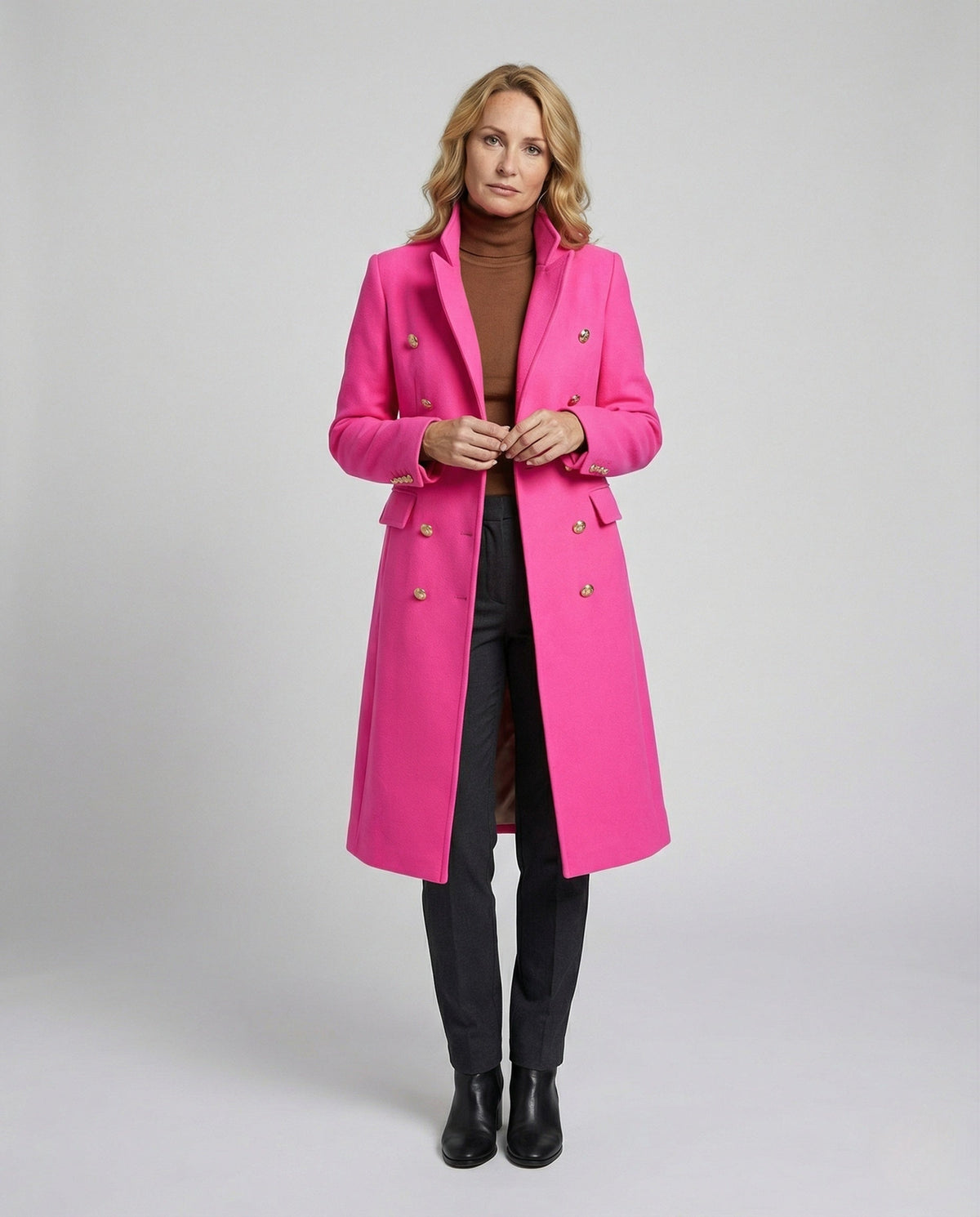 Women’s Military-Style Double-Breasted Maxi Coat with Peak Lapels
