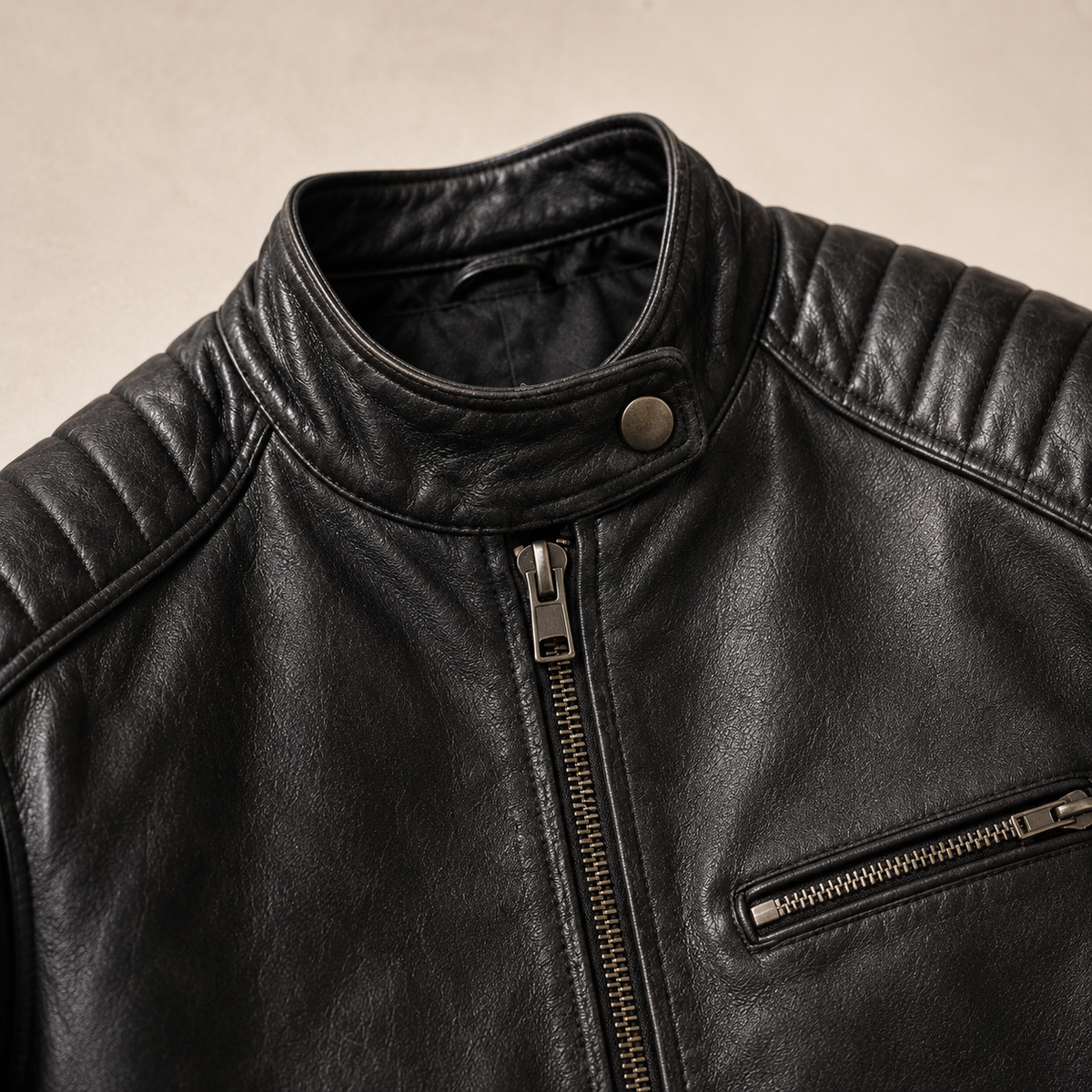 Men's Faux Leather Biker Jacket with Quilted Shoulders