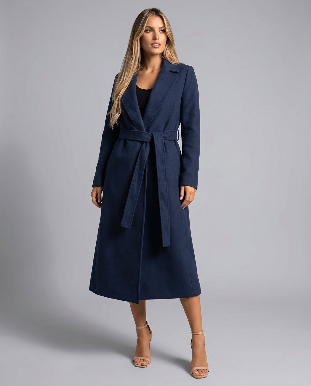 Women's Belted Notch Collar Longline Wrap Coat