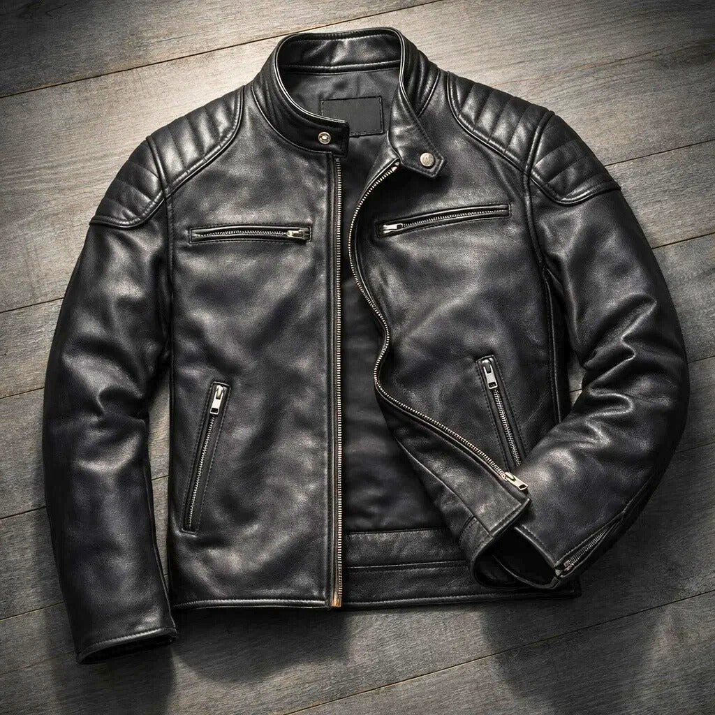 Men's Faux Leather Biker Jacket with Quilted Shoulders