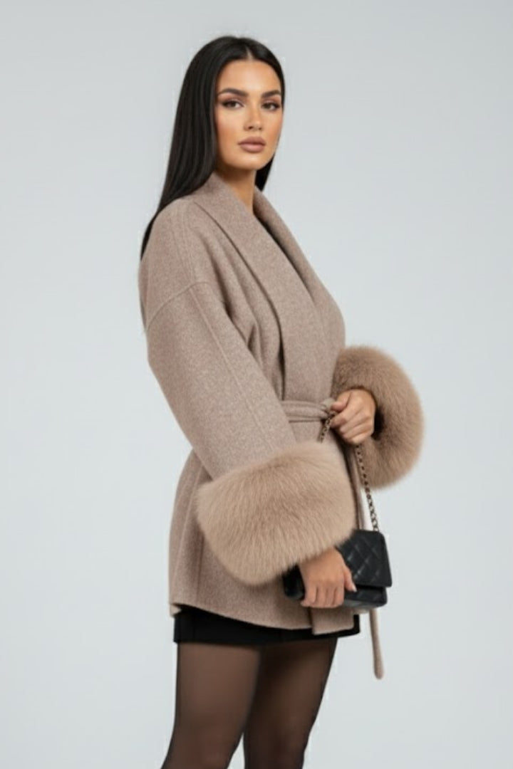 Women's Fur Cuff Belted Wrap Coat