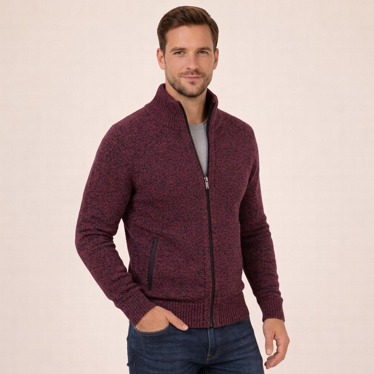 Men's Full-Zip Stand Collar Knit Cardigan Sweater