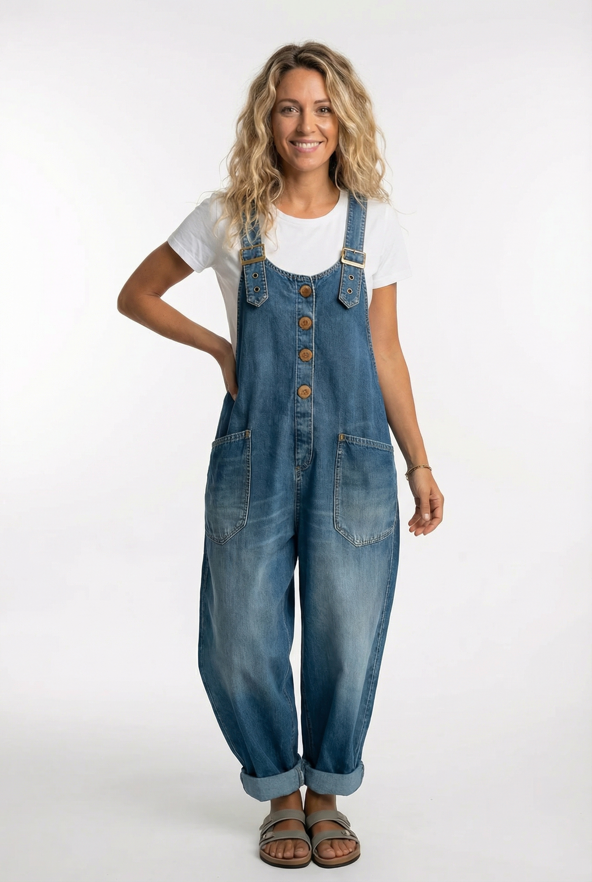 Women's Denim Button-Front Baggy Overalls