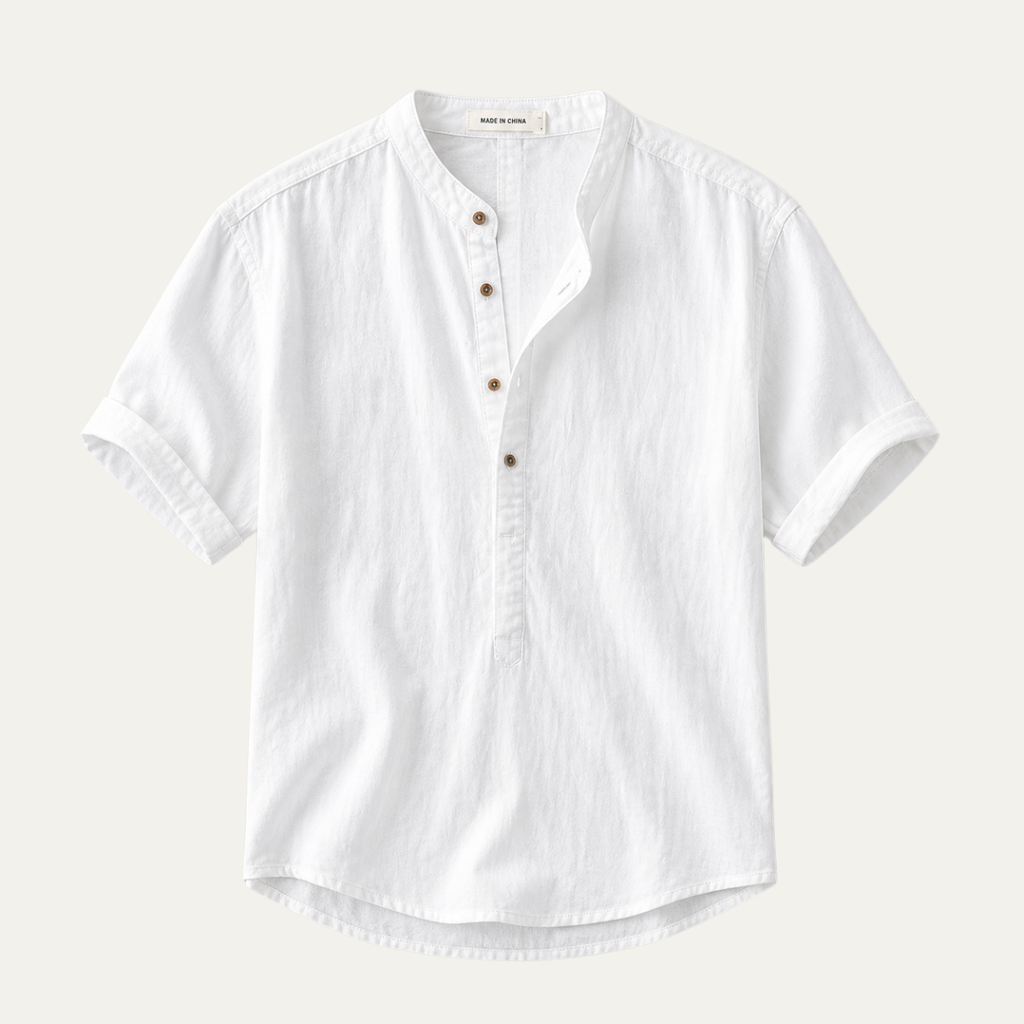 Men's Short Sleeve Band Collar Linen Shirt