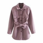 Women's Belted Brushed Shacket with Flap Pockets