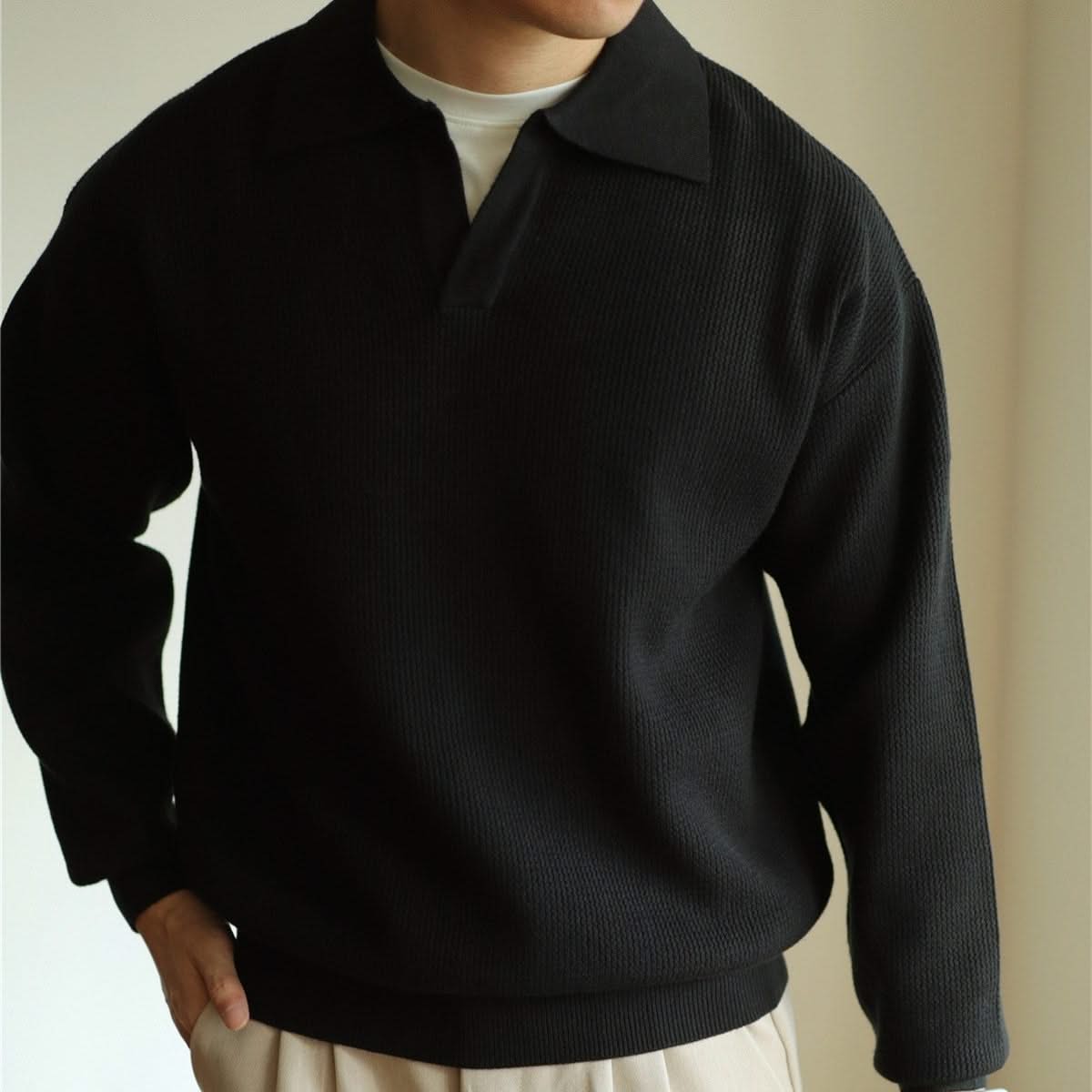 Men's Textured Knit Open Collar Long Sleeve Polo