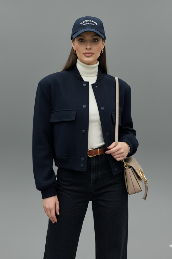 Women's Cropped Snap-Button Bomber Jacket with Flap Pockets