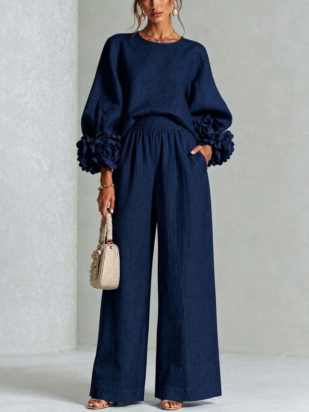Women’s Flower Cuff Blouse and Wide-Leg Trouser Set