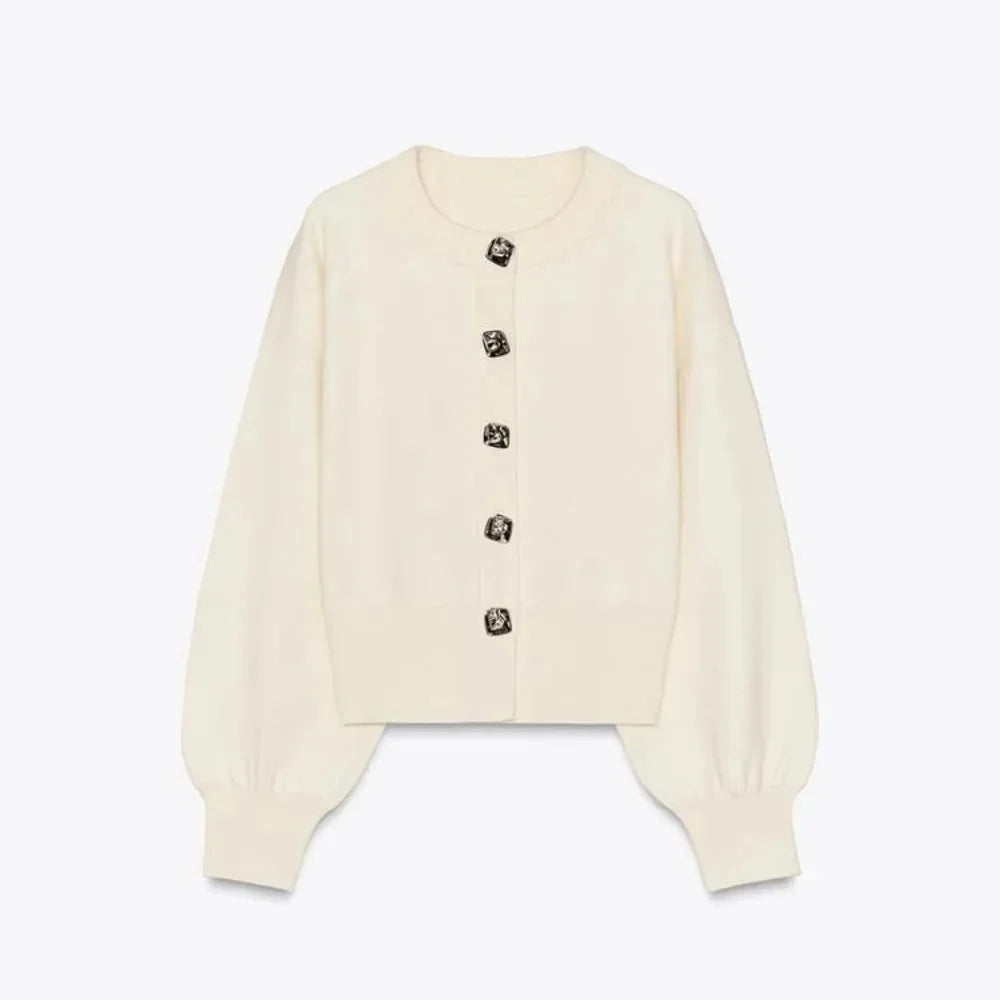 Women's Balloon Sleeve Jewel Button Knit Cardigan