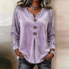 Women's Sequin Sleeve Button-Front Velvet Top