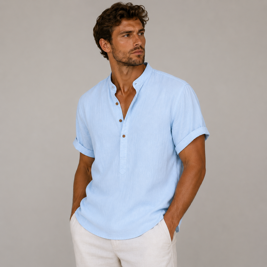 Men's Short Sleeve Band Collar Linen Shirt