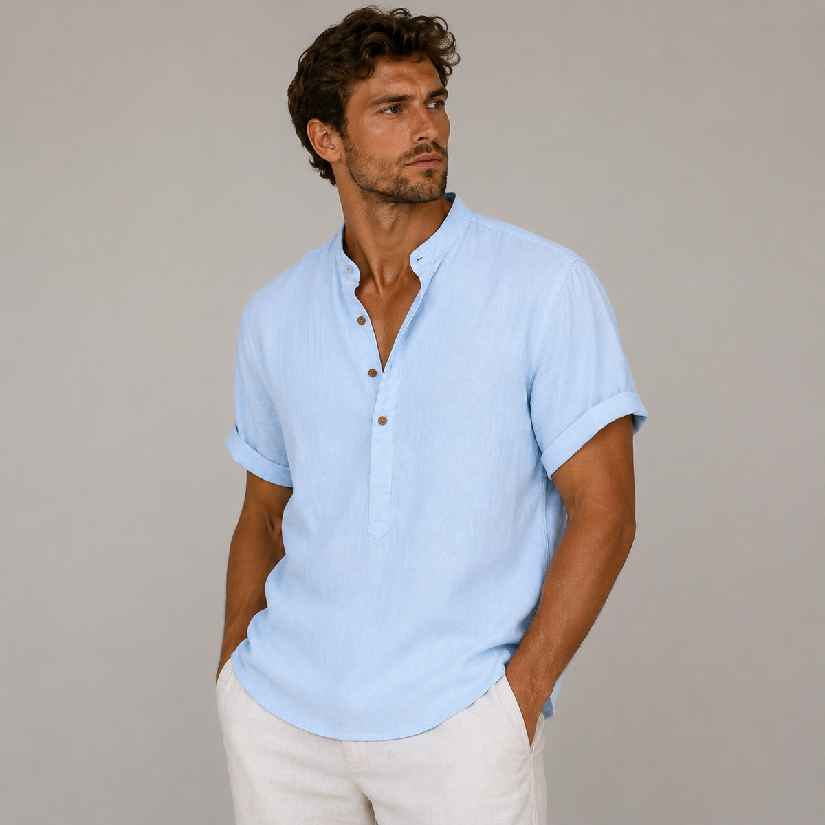Men's Short Sleeve Band Collar Linen Shirt