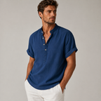 Men's Short Sleeve Band Collar Linen Shirt