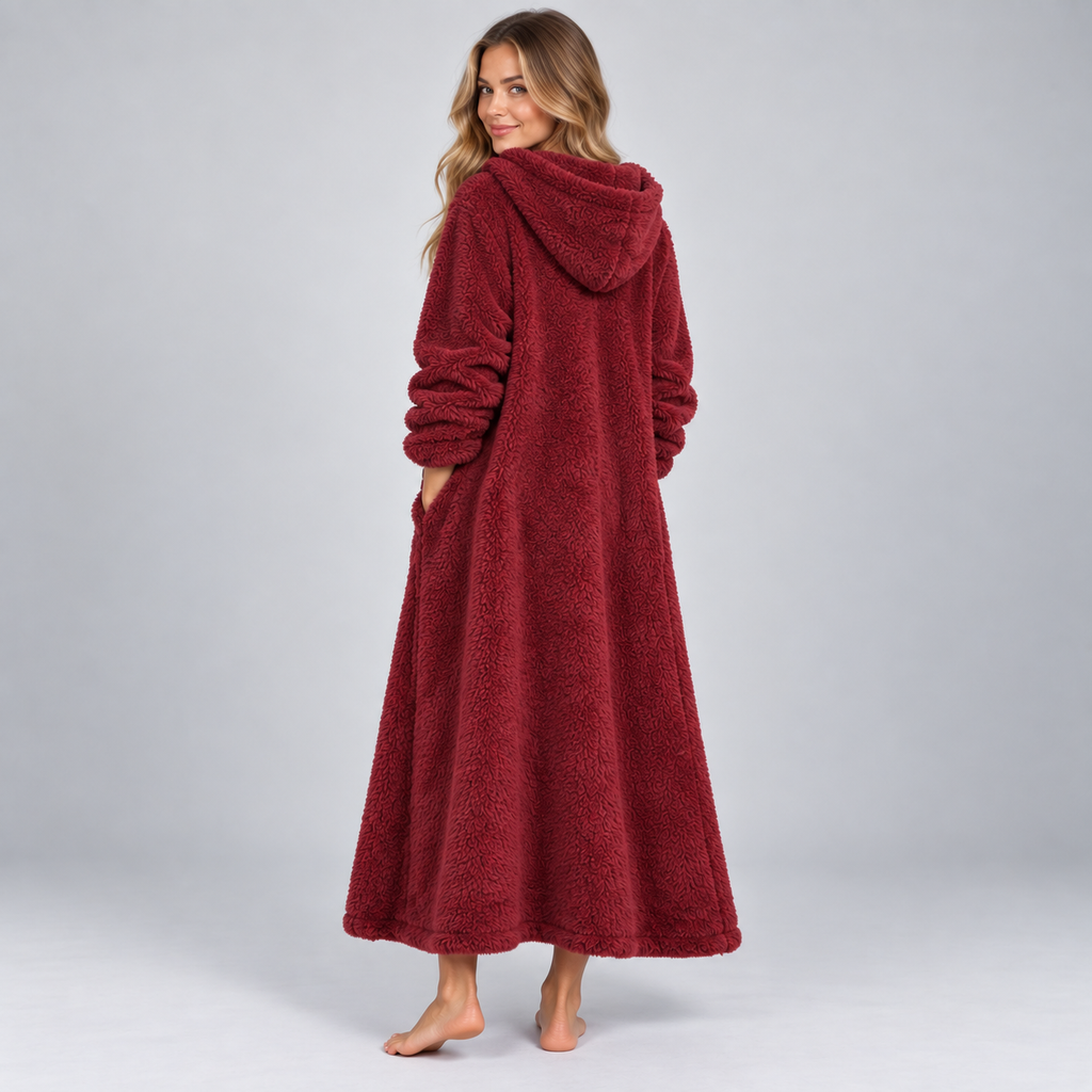 Women's Hooded Teddy Fleece Maxi Lounge Dress with Pockets