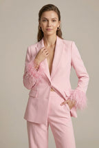 Women's Feather Cuff Blazer and Trouser Suit Set