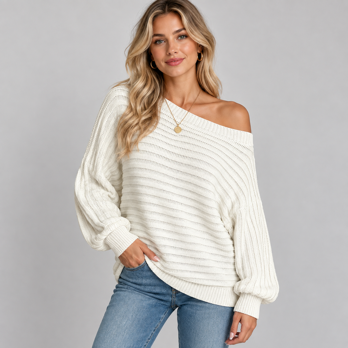 Women's Off-Shoulder Ribbed Knit Batwing Sweater