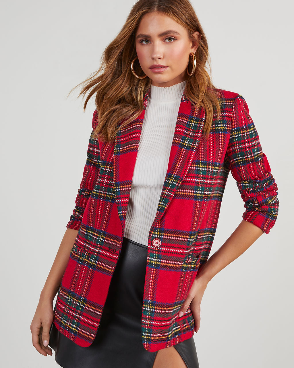Women's Tartan Plaid Single-Button Longline Blazer
