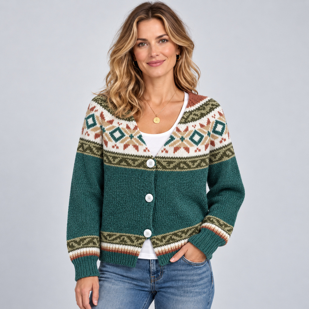 Women's Fair Isle Yoke V-Neck Button Cardigan