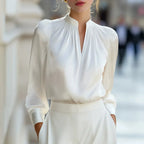 Women's Satin V-Neck Long Sleeve Blouse